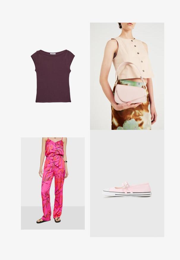 Lyhythihainen, pyöreäkauluksinen paita syvän violetissa värissä, valmistettu pehmeästä jersey-kankaasta. Ominaisuuksiin kuuluu vartalonmyötäinen malli ja sileä pinta.; Vaaleanpunainen satiininen toppi ja siihen sopivat housut, joissa on eloisa kukkakuvio oranssilla ja sinisellä, rento istuvuus ja korkea vyötärö.; Vaaleanpunaiset kangaskengät, joissa on valkoinen kumipohja, mustat raidat pohjan reunassa ja kaksi säädettävää solkiremmiä jalkapöydällä.; Vaaleanpunainen nahkakäsilaukku, jossa on kaareva läppä, yksittäinen olkahihna ja puhtaat linjat. Laukussa on sileä pinta ja minimalistinen muotoilu.