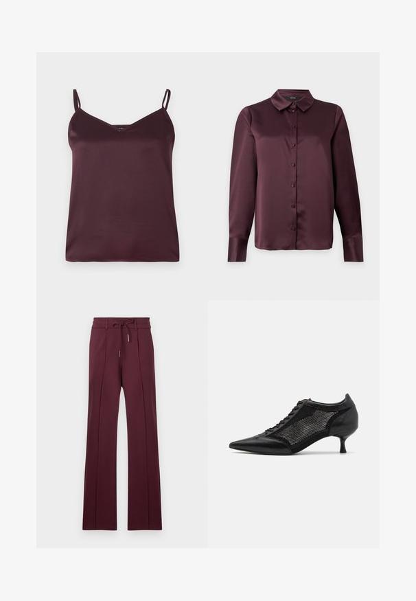 Bordeaux satijnen camisole met dunne verstelbare bandjes en een V-halslijn. Glad textuur, eenvoudig ontwerp, en geen zichtbare patronen of accenten.; Bordeaux satijnen blouse met knopen, voorzien van een klassieke kraag, lange mouwen en een zachte textuur. Heeft een voorpand met bijpassende knopen.; Bordeaux wijde broek gemaakt van zachte stof met een trekkoord in de taille en plissé aan de voorkant. Rechte zoom en een gladde textuur.; Zwarte schoen met spitse neus en een ontwerp met gaaspanelen, voorzien van een lage hak en vetersluiting. Gemaakt van een combinatie van leer en gaasmateriaal.