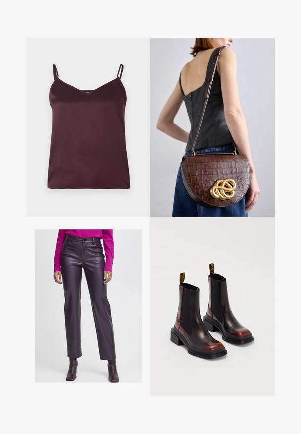 Burgundy satin cami med tynde justerbare stropper og en v-hals. Glat tekstur, simpelt design og uden synlige mønstre eller accenter.; Lilla faux læder højtaljede bukser med en glat tekstur, lige ben-design og frontlommer. Sammen med en lyserød langærmet top.; Dr. Martens MAYBOLE CHELSEA - Plateaustøvletter - black/cherry red; Brun, krokodilleskind prægede læderhåndtaske med en buet, struktureret form og en gylden knude accent. Justerbar rem og glat tekstur.