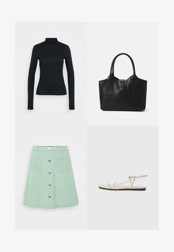 Pulover negru cu mânecă lungă, cu guler înalt și textură dantelată, având o siluetă ajustată, pe un fundal deschis.; Fustă din denim verde mentă cu închidere prin nasture, două buzunare frontale și un design evazat. Material texturat cu detalii de cusătură vizibile.; Sandalie plate bej cu multiple bretele subțiri și o cataramă ajustabilă. Talpa este plată, cu un ușor contrast întunecat la margine.; Geantă tote din piele neagră cu textură netedă, formă structurată, două mânere și un detaliu proeminent din aliaj de argint pe partea din față.