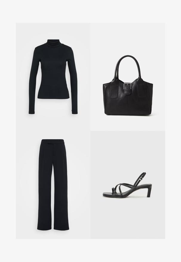 Černý dlouhý rukáv žebrovaný rolák se slim fit siluetou na jednobarevném světlém pozadí.; Kalhoty širokého střihu z jednobarevné černé látky, s plochým předním dílem, poutky na pás a hladkým povrchem, bez viditelných vzorů či akcentů.; Černé sandály na tenkém podpatku se čtveratou špičkou a nízkým blokovým podpatkem. Mají několik tenkých popruhů a nastavitelné zapínání okolo kotníku. Vyrobeny z hladké kůže.; Černá kožená tote taška s hladkým povrchem, strukturovaným tvarem, dvěma uchy a výrazným stříbrným detailem s přezkou na přední straně.