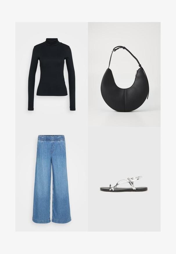 Svart ribbet langermet genser med høy hals og tilpasset silhuett på en ensfarget lys bakgrunn.; Lys blå, vide jeans laget av denim med elastisk midje og uten synlige lommer. Har en ren finish med oppbrettede sømmer.; Sølvfargede metall sandaler med et minimalistisk design, som har tynne stropper og en sort flat såle. Fremhevingene inkluderer kryssremmer.; Svart lærveske i halvmåneform med en glatt tekstur, en enkel justerbar stropp og glidelås på siden.