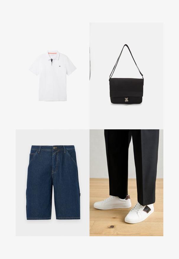 Balta polo marškinėliai su juodu apykakle ir oranžinėmis detalėmis, trumpomis rankovėmis ir maža logotipu ant krūtinės. Pagaminti iš kvėpuojančios medvilnės mišinio.; Tamsiai mėlyni džinsiniai šortai su tiesiu kirpimu, turintys dvi priekinės kišenes, diržo kilpos ir šoninė kišenė su uždengimu.; Balti sportbačiai su glotnia danga, puošti rudais odiniais akcentais ir juodais detalėmis, derinami su juodais pritaikytais kelnėmis. Medinių grindų fonas.; Juodas pranešėjo krepšys, pagamintas iš lygaus medžiagos, su užkloto dangčiu, sidabrine užsegimo aparatūra ir reguliuojama petneša.