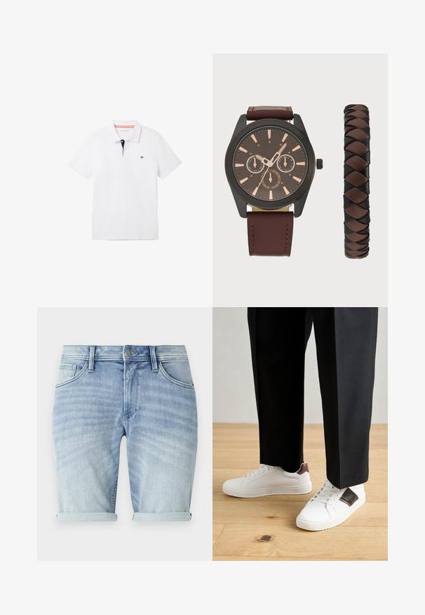 Fehér póló fekete gallérral, narancssárga díszítéssel, rövid ujjú, és egy kis logóval a mellkason. Lélegző pamutkeverékből készült.; Világoskék farmer rövidnadrág elöregedett hatással, felgörbített szegélyekkel, elülső zsebekkel és fémből készült gombos záródással a deréknál.; Fehér sneaker, sima textúrával, barna bőr díszítéssel és fekete részletekkel, fekete szabott nadrággal párosítva. Fából készült padló háttér.; Pier One SET - Karóra - black/brown