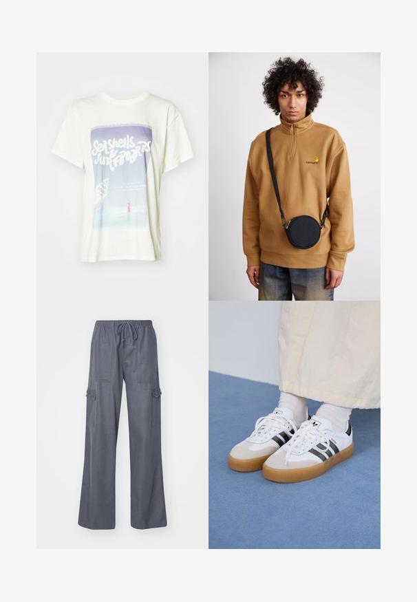 Biała bawełniana koszulka z graficznym nadrukiem muszelek i surfera. Design zawiera stonowane kolory z retro tekstem oraz plażową scenerię.; Szare spodnie cargo z elastycznym pasem, szerokimi nogawkami i dwiema bocznymi kieszeniami. Wykonane z miękkiego, lekkiego materiału.; Białe sneakersy z czarnymi paskami i beżowymi zamszowymi akcentami. Posiadają teksturowaną gumową podeszwę i płaskie białe sznurowadła, noszone z jasnymi skarpetami.; Brązowy polarowy sweatshirt z ćwierć zamkiem i haftowanym logo, w połączeniu z czarną okrągłą torbą na ramię z suwakem i detalem logo, noszony na dżinsach.