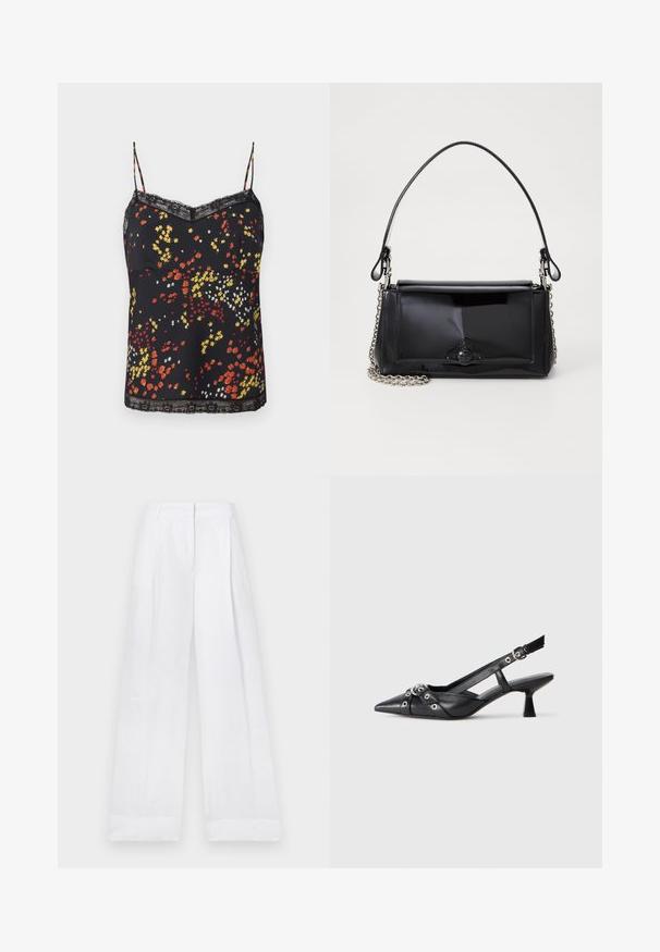 Juoda gėlių motyvo korsetas su raudonomis, geltonomis ir baltomis gėlėmis. Nėriniuota apykaklė ir apačia, su plonomis reguliuojamomis petnešėlėmis.; Balti lino kelnes su laisvu siluetu, aukštu juosmeniu, tiesiomis kojomis, be matomų raštų ar detalių. Lygus paviršius.; Juodas odinis slingback tipo batai su smailiu priekiniu atvartu, dekoratyvinėmis sagtimis su metaliniais akyčiais ir žemu blokiniu kulnu. Saldus paviršius.; Juodas lakinės odos rankinės ilgis stačiakampis, su grandinėlės dirželiu ir išskirtiniu metaliniu akcentu centre. Lygus paviršius.