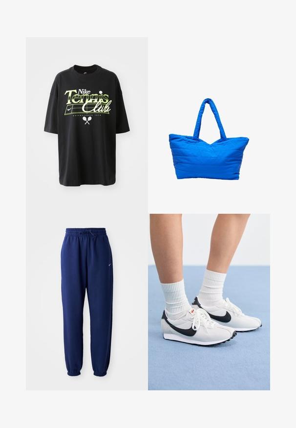 Fekete pamut póló rövid ujjakkal, zöld és fehér "Nike Tennis Club" grafikával, teniszlabda és ütő illusztrációkkal.; Navy kék sportnadrág puha anyagból, elasztikus derékpánttal és zsinórral, elasztikus mandzsettákkal és egy kis fehér logóval.; Fehér hálós sportcipők fekete részletekkel, kerek orral és lapos gumitalppal. Párban bordázott fehér zoknikkal.; Kék, steppelt táska V-alakú tetejével, két strapabíró fogantyúval és texturált felülettel. Tűzött vonalakkal a megerősített szerkezetért.