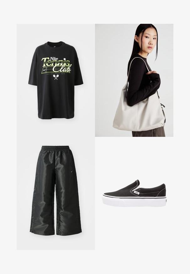 Juodas medvilninis marškinėliai su trumpomis rankovėmis, su žaliai baltu "Nike Tennis Club" grafiku, iliustracijomis su teniso kamuoliuku ir rakete.; Juodi sportiniai džinsai su blizgia, lygaus audinio medžiaga, turintys elastingą juosmenį, plačias kojų dalis ir mažą logotipą kairėje pusėje.; Juodas drobės šlepetių modelis su baltu guminio pado, kontrastinga balta siūle ir logotipo etikete šone. Lygus tekstūra ir paprastas dizainas.; Bežinė rankinė, pagaminta iš minkštos medžiagos, turinti laisvą dizainą, siuvinėtas detalės ir dvi petnešos. Tinkama kasdieniam naudojimui.