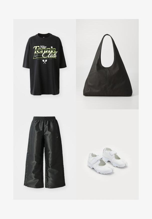Musta puuvillapaitaa, jossa on lyhyet hihat, ja jossa on vihreä ja valkoinen "Nike Tennis Club" -graafikko, tennispallon ja mailan kuvitukset.; Mustat urheiluhaut, joissa on kiiltävä ja sileä kangas, elastinen vyötärö, leveät lahkeet ja pieni logo vasemmalla puolella.; Valkoiset urheilukengät, joissa on teksturoitu päällinen, säädettävä tarranauha, pyöreä kärki ja paksu pohja, jossa on selkeä uramalli.; Mustat nahkainen olkalaukku, jossa on kaareva kahva, pitkänomainen kolmion muotoinen rakenne ja sileä tekstuuri. Minimalistinen muotoilu, ei näkyviä metalliosia.
