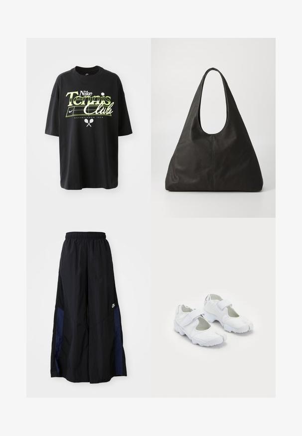 Svart bomull T-skjorte med korte ermer, med grønn og hvit "Nike Tennis Club" grafikk, illustrasjoner av tennisball og racket.; Svarte vide bukser laget av lett stoff, med et marineblått sidestykke og elastisk midjebånd. Liten hvit logo nederst.; Hvite sportssko med strukturert overdel, justerbar borrelåsrem, rund tå og en klumpete såle med distinkt mønster.; Svart lær totebag med en buet håndtak, langstrakt trekantet form og glatt tekstur. Har et minimalistisk design uten synlig maskinvare.