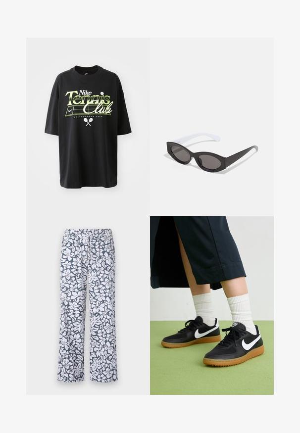 T-shirt in cotone nero con maniche corte, caratterizzato da una grafica "Nike Tennis Club" verde e bianca, illustrazioni di palline da tennis e racchette.; Motivo floreale bianco su tessuto blu navy, materiale leggero, vita elasticizzata, design a gamba larga e vestibilità casual. Adatto per un abbigliamento rilassato.; Sneaker in pelle nera e sintetica con logo Nike bianco, suola in gomma, punta rotonda e lacci neri. Calze bianche a righe visibili.; Occhiali da sole neri a forma ovale con finitura lucida e montatura spessa; tempie bianche che si assottigliano gradualmente, dotati di lenti scure.; Bracciale lucido beige realizzato in resina liscia. Forma rotonda con una superficie uniforme e un piccolo logo dorato all'interno.