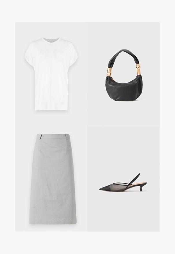 Top de punto blanco de manga corta con cuello redondo, que presenta una textura suave y un sutil detalle de costura en la parte delantera.; Falda de lápiz gris con una textura suave, forma ajustada y cinturilla plana, con costuras laterales y sin patrones ni acentos visibles.; NEOUS IRENA - Tacones - black; Bolso de mano de cuero negro con forma redonda, textura suave y un asa anudada que cuenta con acentos de hardware en tono dorado. Cierre con cremallera.