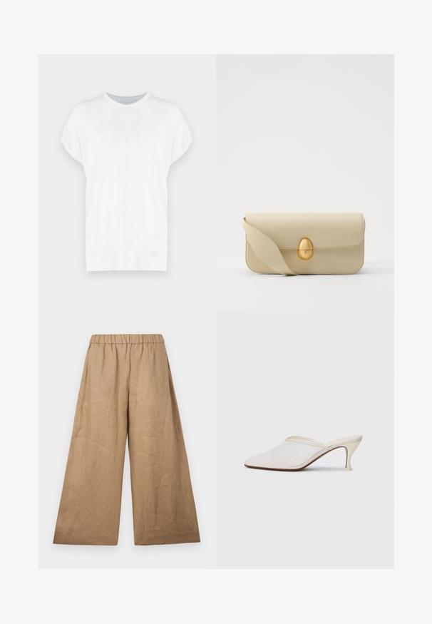 Top corto a maniche corte di colore bianco in maglia, con scollo rotondo, caratterizzato da una texture liscia e delicate cuciture sul davanti.; Pantaloni larghi in lino di un colore marrone chiaro, dotati di una vita elastica arricciata e una finitura liscia e texturizzata.; Mule bianco in rete con punta appuntita, tacco medio sottile e design slip-on su uno sfondo semplice.; Borsa a tracolla in pelle beige con una superficie liscia, forma rettangolare e una chiusura ovale dorata. Dotata di una lunga tracolla regolabile.