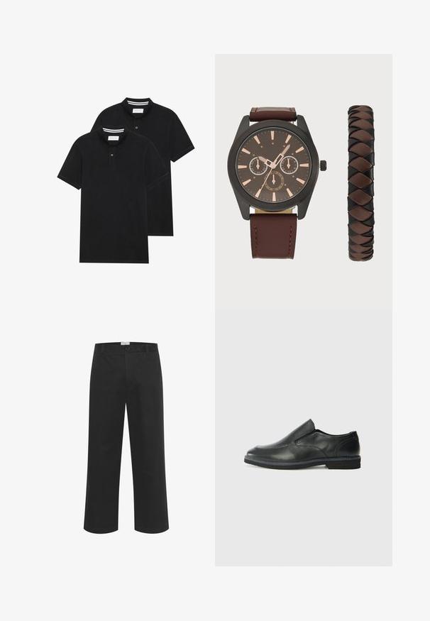 Dva crna polo majice, kratki rukavi, pamučni materijal, sa klasičnom ovratnikom, čepom sa dva gumba i bijelim prugastim detaljima unutar ovratnika.; Crne pamučne hlače ravnog kroja, s kopčanjem na dugme i petljama za pojas; glatka tekstura bez vidljivih uzoraka ili naglasaka.; Crne kožne cipele na sklapanje s glatkom gornjom površinom, prošivenim detaljima, zaobljenim vrhom i niskim gumene potplate. Potplat ima minimalne uzorke.; Pier One SET - Ručni sat - black/brown