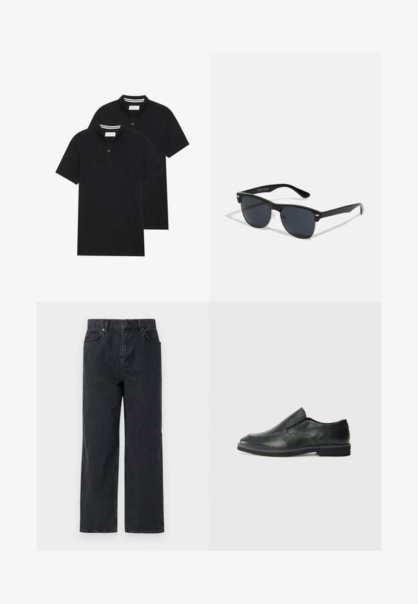 Du žaidimų juodos polo marškiniai, trumpomis rankovėmis, pagaminti iš medvilnės, su klasikinėmis apykaklėmis, dviem mygtukais priekyje ir baltais dryžiais apykaklės viduje.; Tamsiai mėlynos džinsinės kelnės su plačiais džinsais, penkių kišenių dizainas ir mygtuko uždarymas. Įtraukti vario spalvos elementai ir subtili tekstūra.; Juodai odiniai įtvirtinimo batai su lygiu paviršiumi, siuvinėjimo akcentais, apvalia nosimi ir žemu guminiu kulnu. Pado raštas minimalus.; Juodos saulės akinių su stačiakampiu rėmeliu, tamsiais lęšiais, sidabrinėmis detalėmis šventrajose ir matinio paviršiaus rėmeliu.
