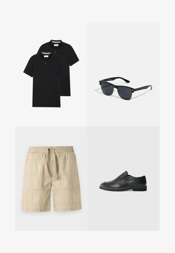 To svarte polo skjorter, kortermet, i bomullsmateriale, med krage i klassisk stil, to-knapps knappestolpe, og hvite striper inni kragen.; Beige shorts laget av lett stoff med elastisk midjebånd og snøring, med et subtilt rutemønster og rett snitt.; Sorte skinn slip-on sko med en jevn overflate, stikking detaljer, rund tå og en lav gummihæl. Sålen har minimal mønstring.; Sorte solbriller med rektangulær form, mørke linser, sølvfargede detaljer ved templene, og en matt finish på rammen.