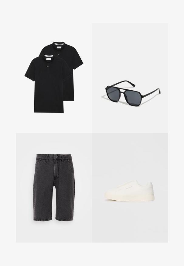 Dva crna polo majice, kratki rukavi, pamučni materijal, sa klasičnom ovratnikom, čepom sa dva gumba i bijelim prugastim detaljima unutar ovratnika.; Crna traper kratke hlače ravnog kroja, s kopčanjem na dugme i patentni zatvarač, pet džepova i suptilnim detaljima šivanja.; Bijele slip-on tenisice s teksturiranom površinom, debelim đonom i minimalističkim dizajnom. Sadrže logo branda sa strane.; Crne sunčane naočale s osmerokutnim okvirom, tamnim lećama, sjajnom završnom obradom, tankim plaštem i zlatnim detaljima na prednjem dijelu.