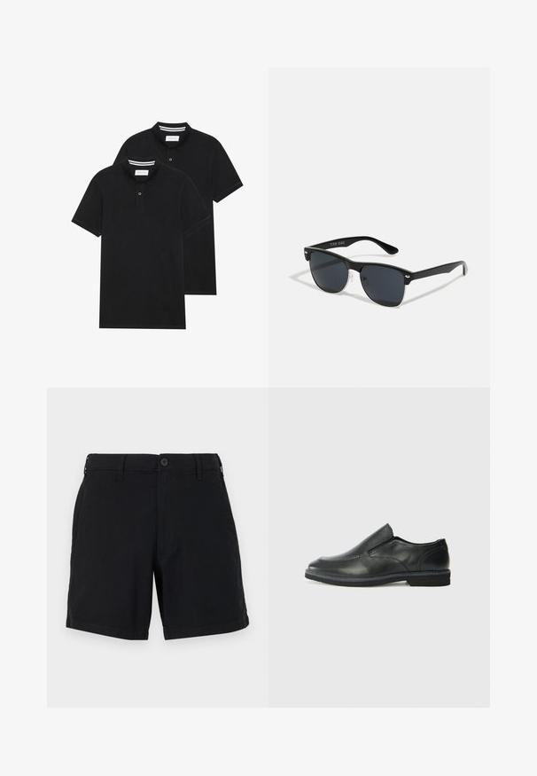 Dvé čierne polo tričká, krátke rukávy, vyrobené z bavlny, s klasickým golierom, dvojitým gombíkom a bielymi pruhmi vo vnútri goliera.; Čierne bavlnené šortky s gombíkovým zapínaním, bočnými vreckami a rovnom strihom nohavíc. Tkanina má hladkú textúru a jednoduché prevedenie.; Čierny kožený nazúvací topánka s hladkým zvrškom, prešitými akcentmi, zaoblenou špičkou a nízkym gumovým podpätkom. Podošva má minimálny dezén.; Čierne slnečné okuliare s obdĺžnikovým tvarom, tmavými sklami, striebornými akcentmi na bočných okrajoch a matným povrchom rámu.