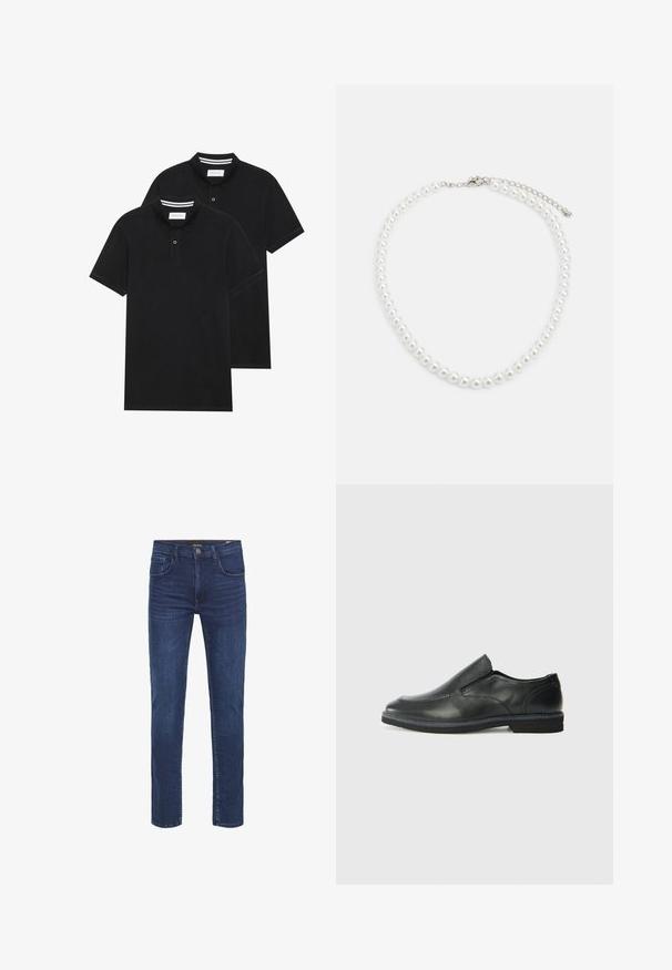 To svarte polo skjorter, kortermet, i bomullsmateriale, med krage i klassisk stil, to-knapps knappestolpe, og hvite striper inni kragen.; Mørkeblå denimjeans med rett ben-design, fem lommer og klassisk knappelukking. Glatt tekstur med subtile falmingsdetaljer.; Sorte skinn slip-on sko med en jevn overflate, stikking detaljer, rund tå og en lav gummihæl. Sålen har minimal mønstring.; Hvit perlekjede med en enhetlig rund form, glatt overflate, og metallspenne med en forlengelseskjede for justerbar lengde.