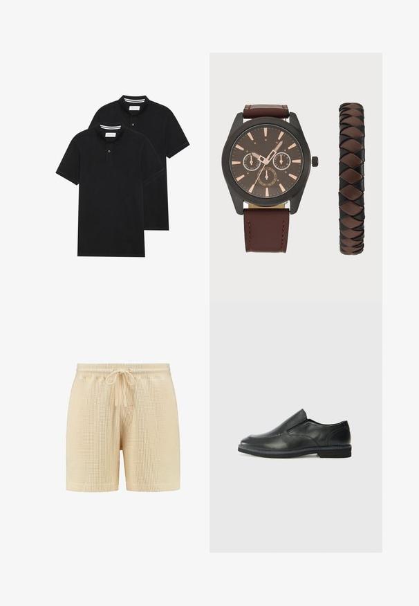 Two black polo shirts, short-sleeved, cotton material, featuring a classic collar, two-button placket, and white striped accents inside the collar.; Beige waffle-knit shorts with an elastic waistband, drawstring closure, and relaxed fit. Simple design with no patterns or additional accents.; Black leather slip-on shoe with a smooth upper, stitched accents, rounded toe, and a low rubber heel. Sole features minimal tread.; Pier One SET - Watch - black/brown