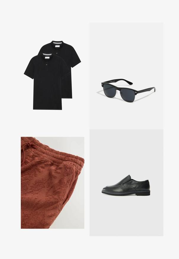 Dwie czarne koszulki polo z krótkim rękawem, wykonane z materiału bawełnianego, z klasycznym kołnierzykiem, z zapięciem na dwa guziki oraz białymi paskami wewnątrz kołnierza.; Spodnie dresowe w kolorze terakoty z teksturowanym, kwiecistym wzorem, elastycznym pasem ze sznurkiem oraz miękkim, puszystym materiałem dla wygody.; Czarne skórzane buty wsuwane z gładką cholewką, przeszyciami, okrągłym noskiem i niskim gumowym obcasem. Podeszwa ma minimalny bieżnik.; Czarne okulary przeciwsłoneczne o prostokątnym kształcie, ciemnych soczewkach, srebrnych akcentach na zausznikach oraz matowym wykończeniu oprawki.