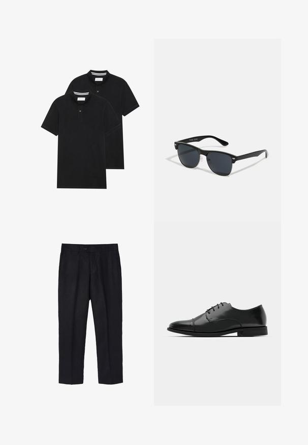 Du žaidimų juodos polo marškiniai, trumpomis rankovėmis, pagaminti iš medvilnės, su klasikinėmis apykaklėmis, dviem mygtukais priekyje ir baltais dryžiais apykaklės viduje.; Juodi lininiai kelnių su pritaikytu siluetu, turintys vieną priekinį mygtuką, klostes ir tiesias kojas. Sklandus paviršius su lengvu apdailos efektu.; Juodas odinis džinsinis batų modelis su apvaliu galiuku, raišteliu ir subtiliomis siūlėmis, taip pat žemu kulnu. Lygus pavirčius su blizgiu apdaila.; Juodos saulės akinių su stačiakampiu rėmeliu, tamsiais lęšiais, sidabrinėmis detalėmis šventrajose ir matinio paviršiaus rėmeliu.