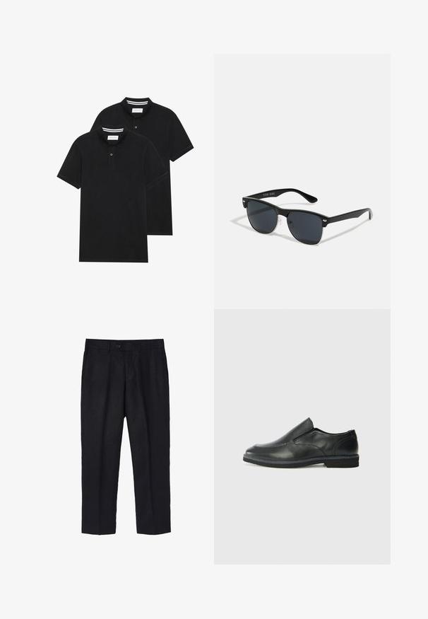 Two black polo shirts, short-sleeved, cotton material, featuring a classic collar, two-button placket, and white striped accents inside the collar.; Black linen trousers with a tailored fit, featuring a single front button, pleats, and straight legs. Smooth texture with a lightweight finish.; Black leather slip-on shoe with a smooth upper, stitched accents, rounded toe, and a low rubber heel. Sole features minimal tread.; Black sunglasses with a rectangular shape, dark lenses, silver accents at the temples, and a matte finish on the frame.; Silver-tone ring with a geometric shape featuring a flat top and polished finish, marked with "ALLSAINTS" on the inner band.; Silver-tone ring with a geometric shape featuring a flat top and polished finish, marked with "ALLSAINTS" on the inner band.