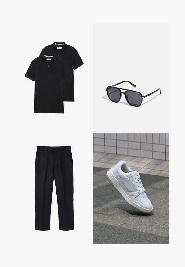 Kaks musta polo särki, lühikeste varrukatega, puuvillane materjal, klassikalise kraega, kahe nupuga kinnitusega, valgete triipudega krae sisepinnal.; Mustad linased püksid kohandatud lõikega, ühe esise nööbi, voltide ja sirgete jalgadega. Sile tekstuur kerge viimistlusega.; Valge nahkne toss, millel on perforeeritud külgedega, tekstuuriga aktsendid, lame pael ja kontrastne hall konts. Omab veidi tõstetud tallat.; Mustad mustad prillid oktaalpäistega, tumedad läätsed, läikiv viimistlus, õhukesed templid ja kuldsed aktsendid ees.; Viis hõbedast sõrmust: üks musta ümmarguse detailiga, üks valge ja musta geomeetrilise mustriga ning teised erinevate vormide ja viimistlustega.