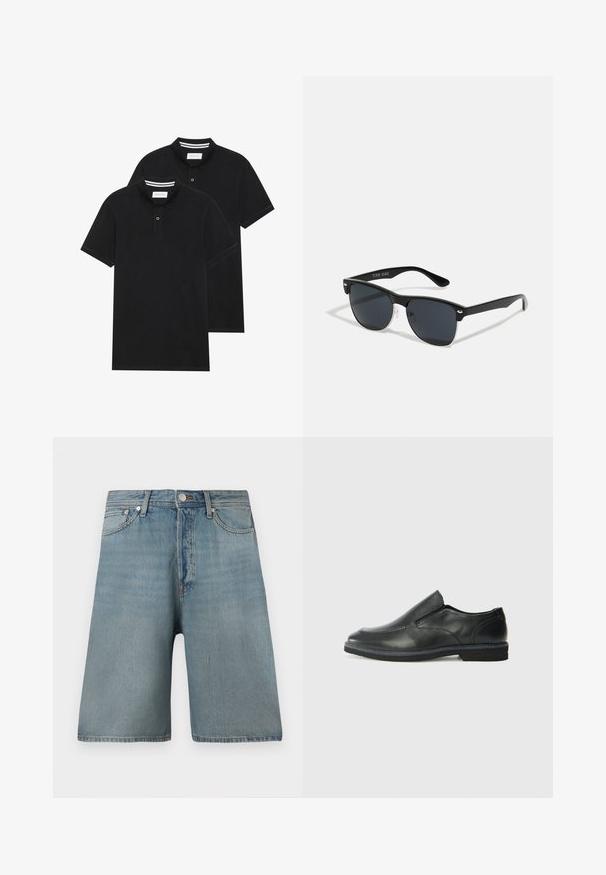 To svarte polo skjorter, kortermet, i bomullsmateriale, med krage i klassisk stil, to-knapps knappestolpe, og hvite striper inni kragen.; Lyseblå denimshorts med løs passform, fem lommer og tradisjonell knappelukking, med falmede flekker for et slitt utseende.; Sorte skinn slip-on sko med en jevn overflate, stikking detaljer, rund tå og en lav gummihæl. Sålen har minimal mønstring.; Sorte solbriller med rektangulær form, mørke linser, sølvfargede detaljer ved templene, og en matt finish på rammen.