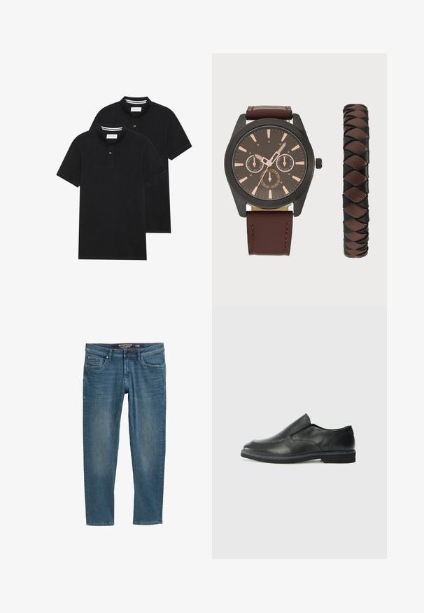 Două tricouri polo negre, cu mânecă scurtă, din material de bumbac, având un guler clasic, deschidere cu două butoane și accente albe cu dungi în interiorul gulerului.; Jeans din denim albastru cu o croială îngustă, design cu cinci buzunare și o talie interioară roșie. Prezintă o etichetă cu logo pe buzunarul din spate.; Pantof de piele neagră, tip slip-on, cu un superior neted, accente cusute, vârf rotunjit și un toc jos din cauciuc. Talpa are un profil minim de aderență.; Pier One SET - Ceas de mână - black/brown