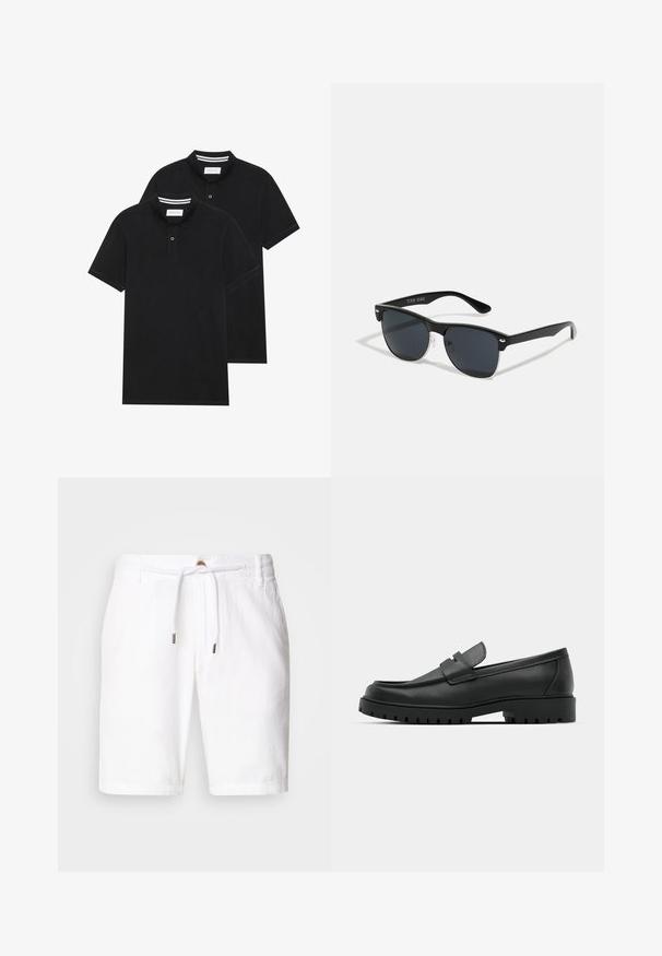 Dwie czarne koszulki polo z krótkim rękawem, wykonane z materiału bawełnianego, z klasycznym kołnierzykiem, z zapięciem na dwa guziki oraz białymi paskami wewnątrz kołnierza.; Białe lniane szorty z elastycznym paskiem w talii oraz sznurkiem do regulacji, o luźnym kroju. Gładka faktura, brak widocznych wzorów.; Czarne skórzane mokasyny z zaokrąglonym noskiem, posiadające przeszywany wzór, niską platformę oraz teksturowaną, gumową podeszwę z bieżnikiem.; Czarne okulary przeciwsłoneczne o prostokątnym kształcie, ciemnych soczewkach, srebrnych akcentach na zausznikach oraz matowym wykończeniu oprawki.