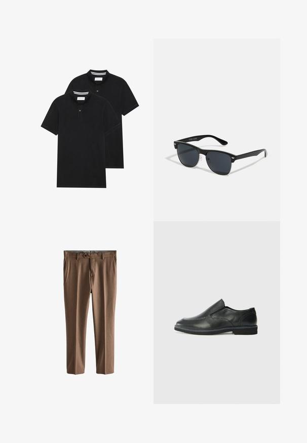 Dva crna polo majice, kratki rukavi, pamučni materijal, sa klasičnom ovratnikom, čepom sa dva gumba i bijelim prugastim detaljima unutar ovratnika.; Smeđe, krojene hlače od teksturirane tkanine. Imaju zatvaranje na jedan gumb, dva prednja džepa i ravne nogavice.; Crne kožne cipele na sklapanje s glatkom gornjom površinom, prošivenim detaljima, zaobljenim vrhom i niskim gumene potplate. Potplat ima minimalne uzorke.; Crne sunčane naočale pravokutnog oblika, tamne leće, srebrni detalji na sljepoočnicama i matirajuća završna obrada okvira.