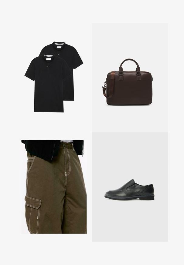 Dwie czarne koszulki polo z krótkim rękawem, wykonane z materiału bawełnianego, z klasycznym kołnierzykiem, z zapięciem na dwa guziki oraz białymi paskami wewnątrz kołnierza.; Zbliżenie na ciemnooliwkowe spodnie cargo z białym kontrastowym szwem i klapką bocznej kieszeni, noszone z czarną kurtką i białą koszulą.; Czarne skórzane buty wsuwane z gładką cholewką, przeszyciami, okrągłym noskiem i niskim gumowym obcasem. Podeszwa ma minimalny bieżnik.; Brązowa skórzana torba na laptopa z teksturowaną powierzchnią, podwójnymi uchwytami na górze, regulowanym paskiem oraz dwoma przednimi klamrami dla dodatkowego stylu.