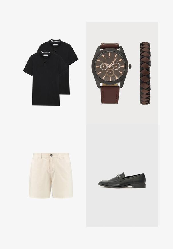 Due magliette polo nere, con maniche corte, in cotone, con colletto classico, pattina a due bottoni e dettagli a righe bianche all'interno del colletto.; Pantaloni corti in cotone beige con chiusura a bottone, cintura elastica e tasche laterali. Design semplice con taglio dritto e senza motivi visibili.; Mocassino in pelle nera con finitura liscia, caratterizzato da un design cucito e da un accento decorativo in catena metallica sul vamp. Tacco piatto.; Pier One SET - Orologio - black/brown; Pier One SET - Orologio - black/brown