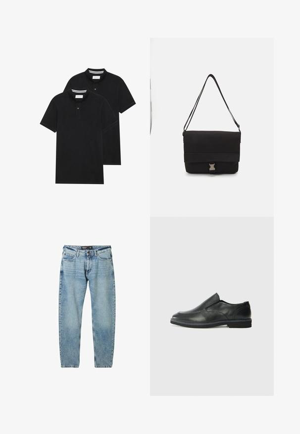 Två svarta polo t-shirts, kortärmade, i bomullsmaterial, med en klassisk krage, tvåknappsslutning och vita randiga accenter inuti kragen.; Ljusblå denimjeans med lös passform, femficksdesign och kontrasterande sömmar. Har en knappstängning och rak benform.; Svart lädersko i slip-on-modell med en slät ovandel, sömnadsdetaljer, rund tå och låg gummihäl. Sulan har minimal mönstring.; Svart messenger väska i slät material med en vikbar klaff, silverfärgade spännen och justerbar axelrem.