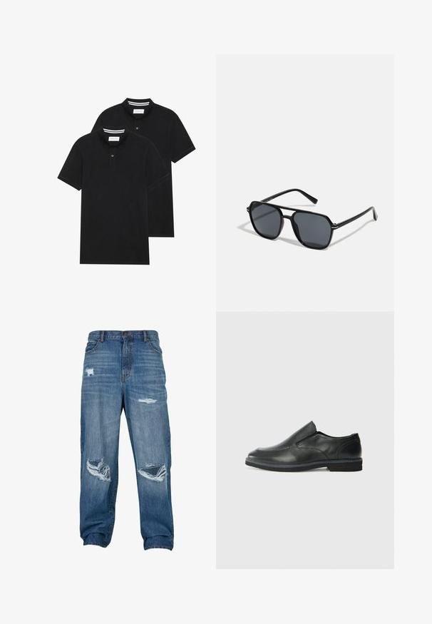 To svarte polo skjorter, kortermet, i bomullsmateriale, med krage i klassisk stil, to-knapps knappestolpe, og hvite striper inni kragen.; Falmet blå denimjeans med avslappet passform, som har flere slitte lapper og frynsete kanter. Forsterkede lommer og knappelukking.; Sorte skinn slip-on sko med en jevn overflate, stikking detaljer, rund tå og en lav gummihæl. Sålen har minimal mønstring.; Sorte solbriller med ottekantet ramme, mørke linser, blank finish, tynde stænger og guld accenter på fronten.