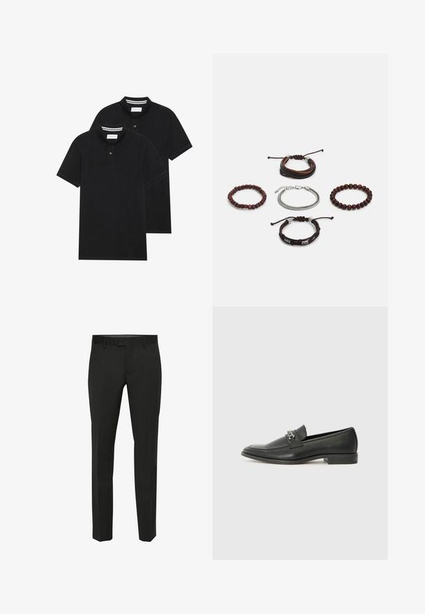 Twee zwarte polo shirts, met korte mouwen, van katoen, met een klassieke kraag, een knoopsluiting met twee knopen en witte gestreepte accenten aan de binnenkant van de kraag.; Zwarte broek met een rechte broekspijp, een gladde textuur en een vlakke voorkant. Voorzien van een tailleband met riemlussen en subtiele naden.; Zwarte leren instapper met een gladde afwerking, voorzien van een gestikt ontwerp en een decoratieve metalen kettingaccent over de wreef. Platte hak.; Set van vijf armbanden met bruin leer, houten kralen en een zilveren ketting; verschillende texturen en vormen, met verstelbare sluitingen.