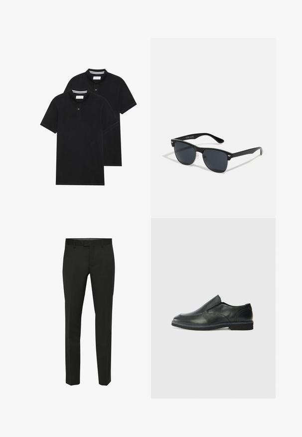 Kaks musta polo särki, lühikeste varrukatega, puuvillane materjal, klassikalise kraega, kahe nupuga kinnitusega, valgete triipudega krae sisepinnal.; Mustad püksid sirge lõikega, sile tekstuur ja lame esiosa. Omab vööaasadega vööd ja peent õmblusdetaili.; Must musta laia suuga king, millel on sile ülemine osa, õmmeldud detailid, ümmargune nina ja madal kummist konts. Tallal on minimaalne mustr.; Mustad mustmikrooni kujuga mustad prillid, tumedate klaasidega, hõbedased detailid templite juures ja mati viimistlusega raam.