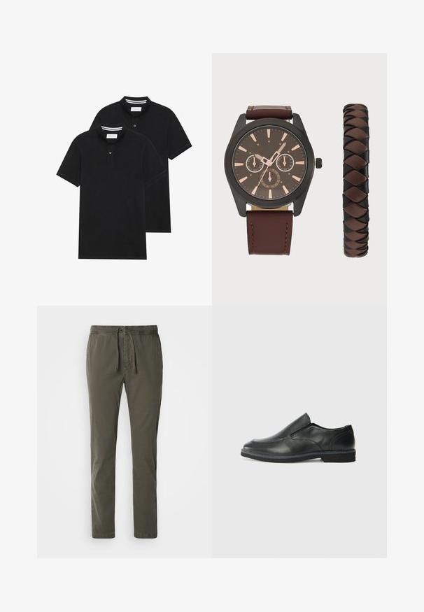 Two black polo shirts, short-sleeved, cotton material, featuring a classic collar, two-button placket, and white striped accents inside the collar.; Dark green, tapered pants with an elastic waistband and drawstring. Made of soft cotton material with a smooth texture.; Black leather slip-on shoe with a smooth upper, stitched accents, rounded toe, and a low rubber heel. Sole features minimal tread.; Pier One SET - Watch - black/brown