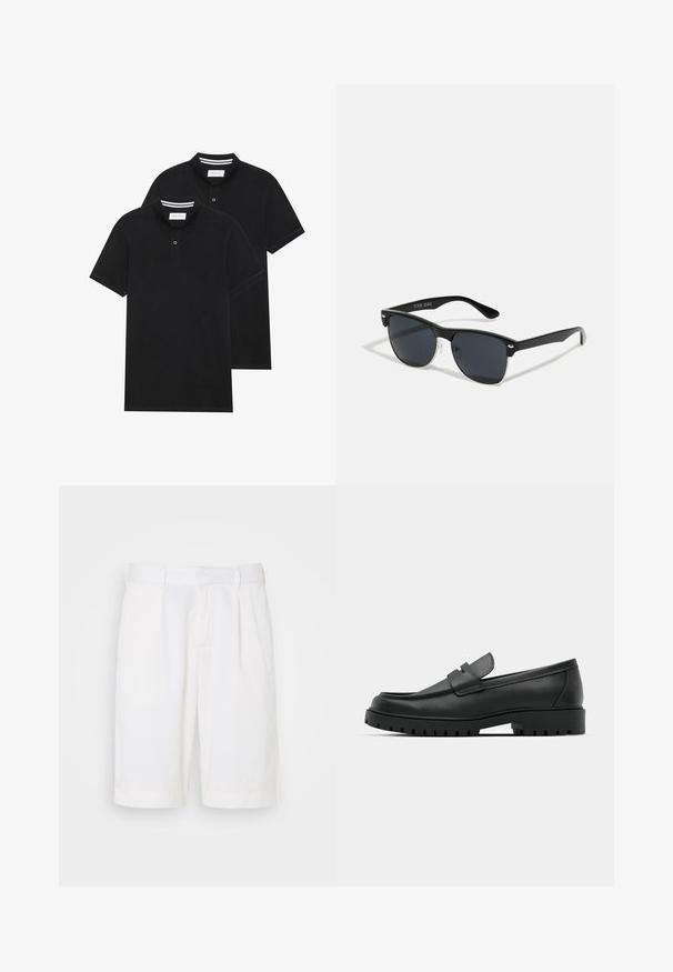 Dvé čierne polo tričká, krátke rukávy, vyrobené z bavlny, s klasickým golierom, dvojitým gombíkom a bielymi pruhmi vo vnútri goliera.; Biele bavlnené šortky s rovný strihom, prednými záhybmi a štandardným pásom. Tkanina má hladkú textúru a elegantný dizajn.; Čierne kožené mokasíny s okrúhlou špičkou, s prešitým dizajnom, nízkou platformou a textúrovanou, zúbkovanou gumovou podrážkou.; Čierne slnečné okuliare s obdĺžnikovým tvarom, tmavými sklami, striebornými akcentmi na bočných okrajoch a matným povrchom rámu.