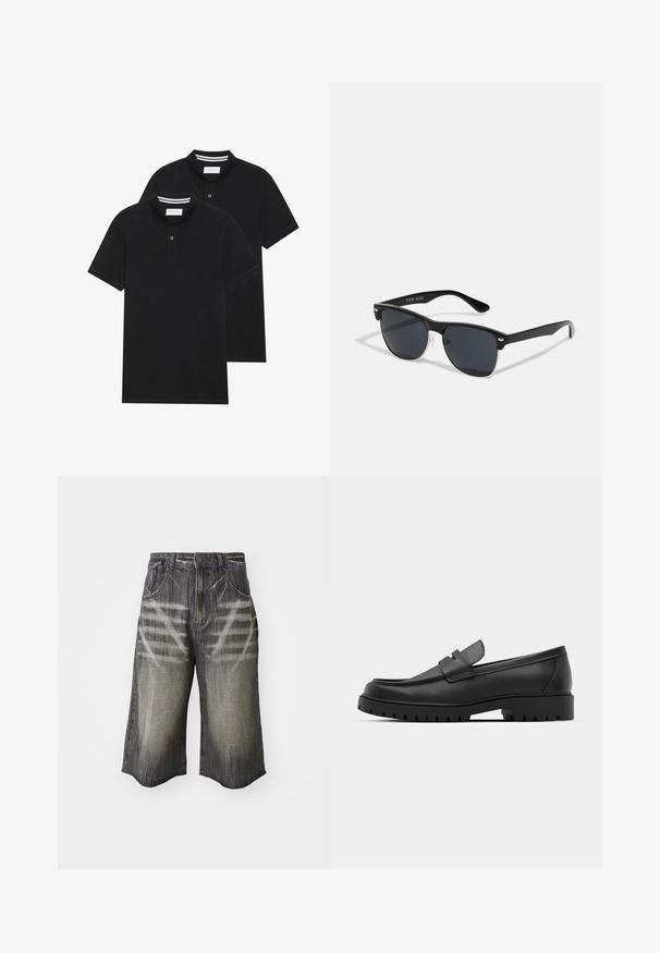 Kaksi mustaa lyhythihaista poolopaitaa, puuvillamateriaalia, joissa on klassinen kaulus, kahden napin napitus ja valkoiset raidat kauluksen sisällä.; Tummanharmaat farkkushortsit, joissa on haalistunut kuvio. Ominaisuuksiin kuuluu vastakkaiset violettiommelta ja löysä, leveä leikkaus.; Musta nahkaloafers, joissa on pyöreä kärki, ommeltu pinta, matala alusta ja kuvioitu, kuminen ulkopohja.; Mustat aurinkolasit, joilla on suorakulmainen muoto, tummat linssit, hopeiset yksityiskohdat temppeleissä ja matta pinta kehykset.