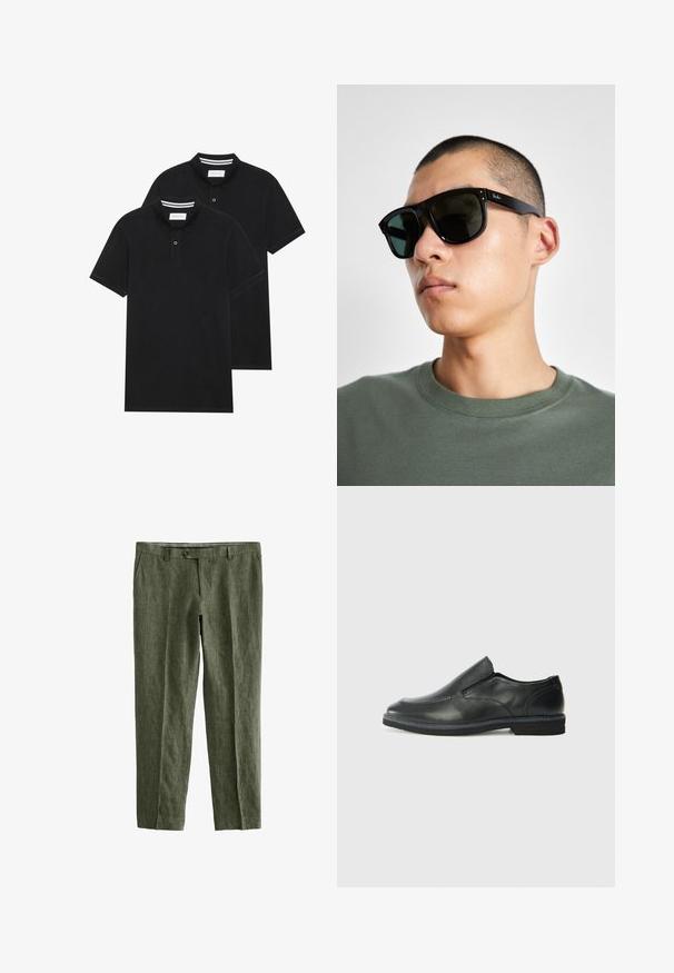 Dva crna polo majice, kratki rukavi, pamučni materijal, sa klasičnom ovratnikom, čepom sa dva gumba i bijelim prugastim detaljima unutar ovratnika.; Next SIGNATURE - REGULAR FIT - Hlače - olive green; Crne kožne cipele na sklapanje s glatkom gornjom površinom, prošivenim detaljima, zaobljenim vrhom i niskim gumene potplate. Potplat ima minimalne uzorke.; Crne pravokutne sunčane naočale s tamnim lećama, koje imaju upečatljiv oblik i brend na ručki. Nosene od strane osobe u zelenoj košulji.