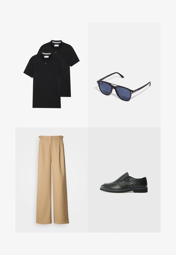Two black polo shirts, short-sleeved, cotton material, featuring a classic collar, two-button placket, and white striped accents inside the collar.; Beige wide-leg trousers with a high waist, pleated front, and belt loops. Made of smooth fabric with a clean, minimal design.; Black leather slip-on shoe with a smooth upper, stitched accents, rounded toe, and a low rubber heel. Sole features minimal tread.; Sunglasses with black plastic frame, blue tinted lenses, slightly rounded shape, and silver metal accents on the temples.