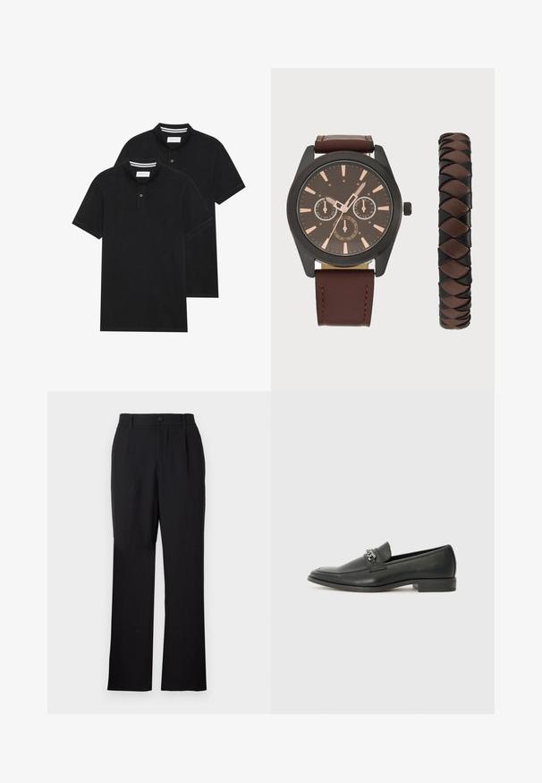 Two black polo shirts, short-sleeved, cotton material, featuring a classic collar, two-button placket, and white striped accents inside the collar.; Only & Sons ONSJEREMY LOOSE PANT - Trousers - black; Black leather loafer with a smooth finish, featuring a stitched design and a decorative metal chain accent across the vamp. Flat heel.; Pier One SET - Watch - black/brown; Pier One SET - Watch - black/brown
