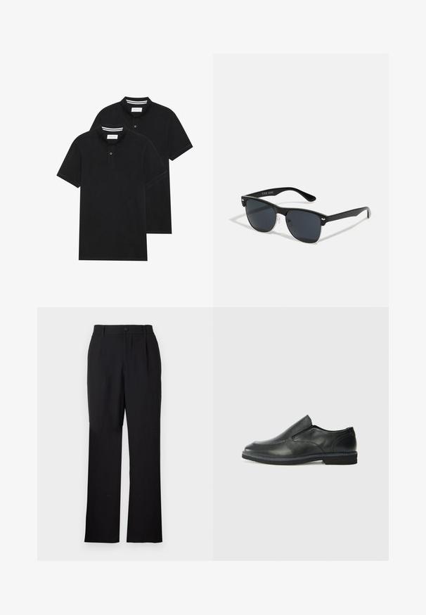 To svarte polo skjorter, kortermet, i bomullsmateriale, med krage i klassisk stil, to-knapps knappestolpe, og hvite striper inni kragen.; Only & Sons ONSJEREMY LOOSE PANT - Bukse - black; Sorte skinn slip-on sko med en jevn overflate, stikking detaljer, rund tå og en lav gummihæl. Sålen har minimal mønstring.; Sorte solbriller med rektangulær form, mørke linser, sølvfargede detaljer ved templene, og en matt finish på rammen.