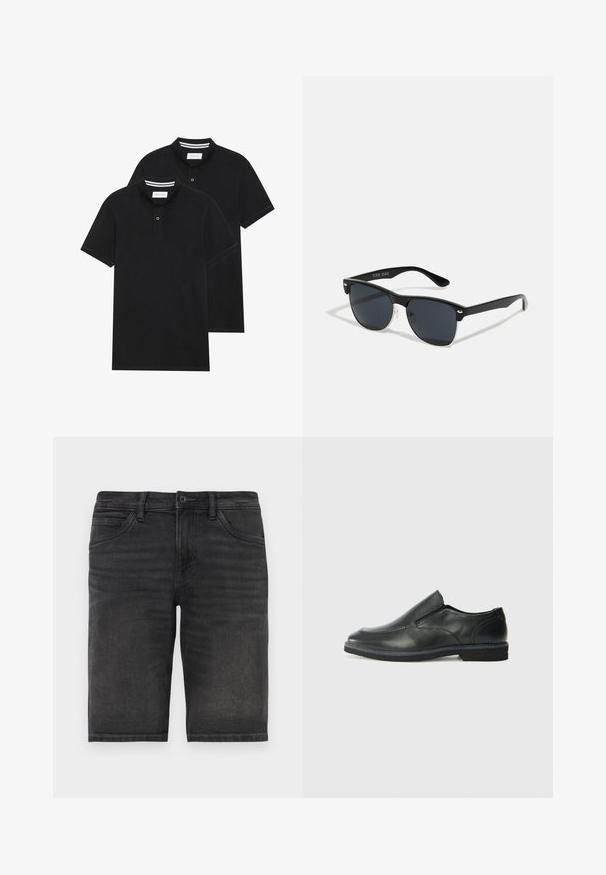 Dvé čierne polo tričká, krátke rukávy, vyrobené z bavlny, s klasickým golierom, dvojitým gombíkom a bielymi pruhmi vo vnútri goliera.; Čierne denimové šortky so striami v rovnom strihu, piatimi vreckami a zapínaním na gombík. Obsahujú jemné vyblednutie a odolnú textúru látky.; Čierny kožený nazúvací topánka s hladkým zvrškom, prešitými akcentmi, zaoblenou špičkou a nízkym gumovým podpätkom. Podošva má minimálny dezén.; Čierne slnečné okuliare s obdĺžnikovým tvarom, tmavými sklami, striebornými akcentmi na bočných okrajoch a matným povrchom rámu.