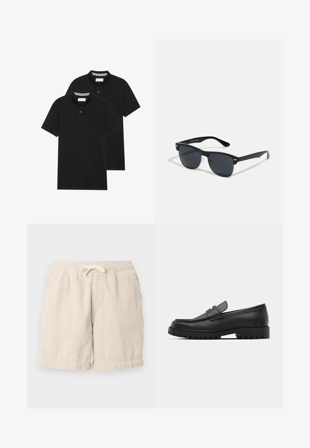 Kaks musta polo särki, lühikeste varrukatega, puuvillane materjal, klassikalise kraega, kahe nupuga kinnitusega, valgete triipudega krae sisepinnal.; Bežid kõhupüksid elastse vöökohtadega ja nööriga, külgpockets ning tekstuuriga ribadest muster.; Mustad musta nahast loafers, millel on ümar varvas, tikandiga disain, madal platvorm-soon ja tekstureeritud, soonikkummist välistald.; Mustad mustmikrooni kujuga mustad prillid, tumedate klaasidega, hõbedased detailid templite juures ja mati viimistlusega raam.