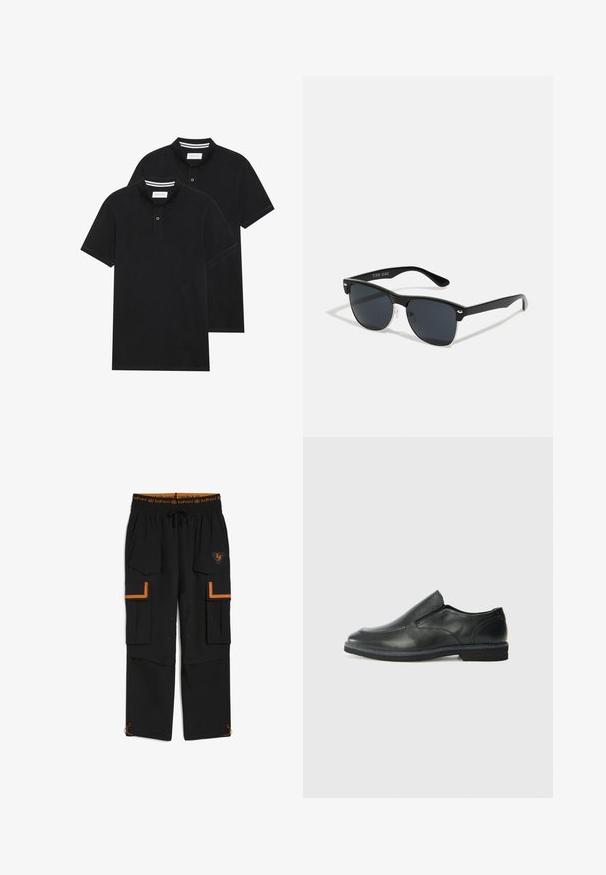 Kaks musta polo särki, lühikeste varrukatega, puuvillane materjal, klassikalise kraega, kahe nupuga kinnitusega, valgete triipudega krae sisepinnal.; Mustarakkad püksid, millel on elastne vöökoht koos oranži nööriga, mitmed taskud ja oranžid aktsendid taskutel ning äärel.; Must musta laia suuga king, millel on sile ülemine osa, õmmeldud detailid, ümmargune nina ja madal kummist konts. Tallal on minimaalne mustr.; Mustad mustmikrooni kujuga mustad prillid, tumedate klaasidega, hõbedased detailid templite juures ja mati viimistlusega raam.