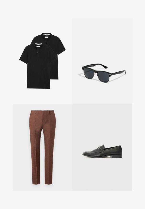 Duas camisetas polo pretas, de manga curta, em material de algodão, com colarinho clássico, abertura com dois botões e detalhes em riscas brancas no interior do colarinho.; Calças de linho castanhas com um acabamento texturizado, apresentam um design de corte slim, pregas frontais costuradas e dois bolsos laterais.; Sapatilha de couro preta com um acabamento suave, apresentando um design cosido e um detalhe decorativo de corrente de metal atravessando o peito do pé. Salto baixo.; Óculos de sol pretos com forma retangular, lentes escuras, detalhes em prata nas hastes e um acabamento mate na armação.; Colar de pérolas brancas com forma redonda uniforme, superfície lisa e fecho metálico com corrente de extensão para ajuste de comprimento.