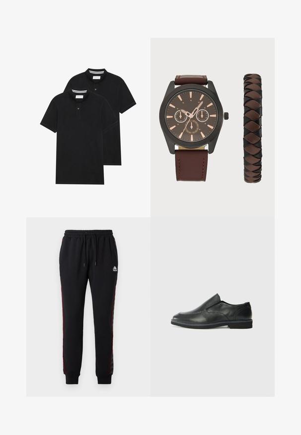Dos camisetas polo negras, de manga corta, de material de algodón, que presentan un cuello clásico, una tapeta de dos botones y acentos de rayas blancas en el interior del cuello.; Pantalones de chándal negros con cintura elástica, franjas laterales rojas y logotipo de Kappa. Están hechos de un tejido suave, con puños acanalados y un corte relajado.; Zapato negro de cuero sin cordones con un upper suave, detalles de costura, punta redonda y un bajo tacón de goma. La suela presenta una tracción mínima.; Pier One SET - Reloj - black/brown